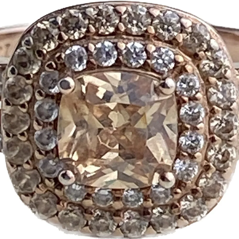14K Rose Gold Plated Sterling Cushion Cut Champaign Cubic Zirconia Double Halo